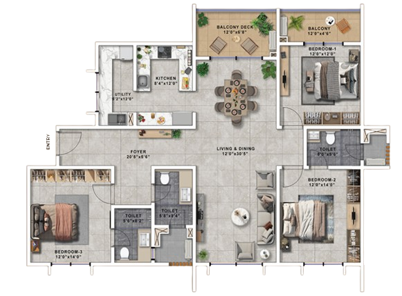 3 BHK 2000 Sq.Ft Floor Plan