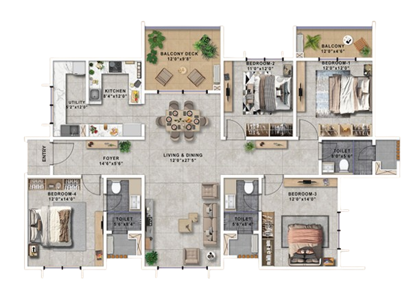 4 BHK 2216 Sq.Ft Floor Plan