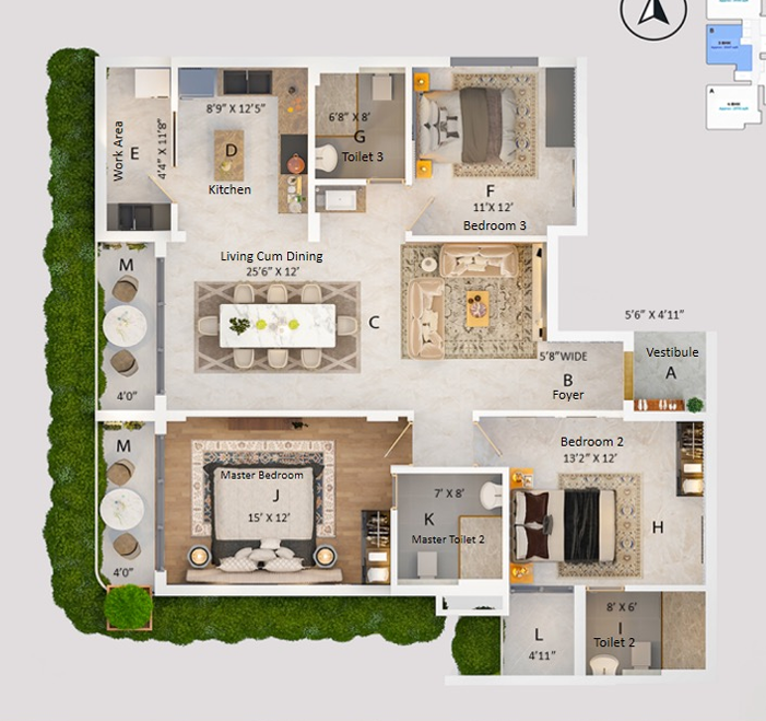 3 BHK Floor Plan Blueprint