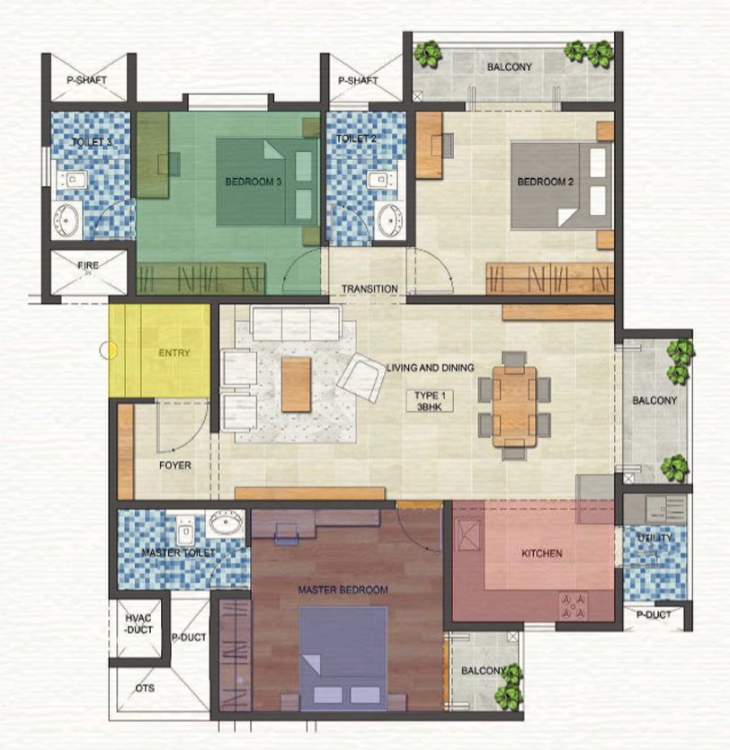 Type 1 - 3 BHK Floor Plan
