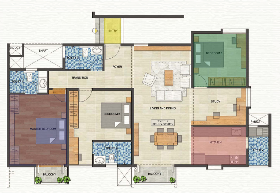 Type 2 - 3 BHK + Study Floor Plan
