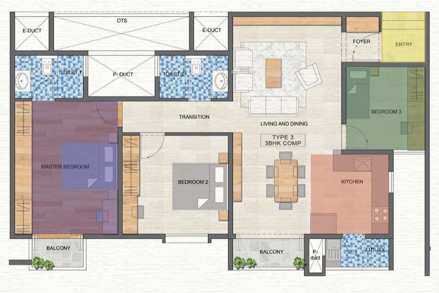 Type 3 - Compact 3 BHK Floor Plan