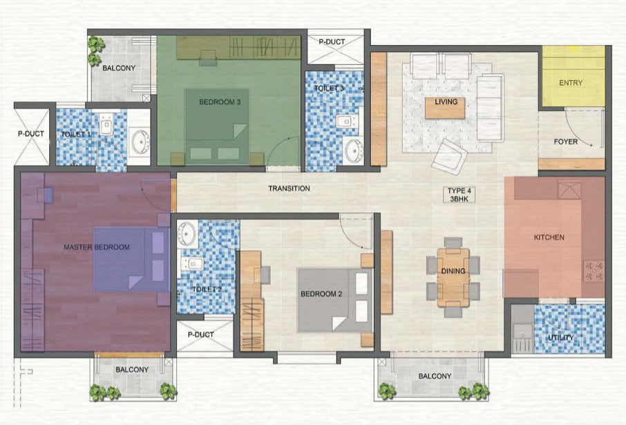 Type 4 - Standard 3 BHK Floor Plan
