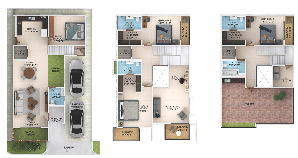 4 BHK Courtyard Villa Floor Plan